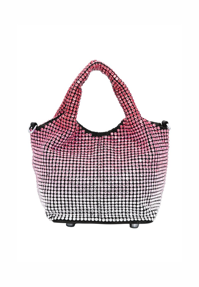 Rhinestone-besprenkeld tas met een verloop van roze naar zilver ontwerp, zachte stof, dubbele handvatten en een solide zwarte basis, voorzien van vier bodemstiften.