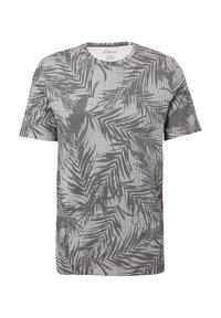 Szara, krótko-sleeve t-shirt z wzorem liści palmowych i subtelną teksturą w paski, z okrągłym dekoltem i miękkim materiałem bawełnianym.