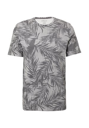 T-shirt gris à manches courtes avec un motif de feuille de palmier et une texture rayée subtile, doté d'un col rond et en coton doux.