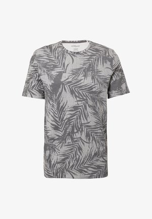 Grijze t-shirt met korte mouwen, voorzien van een palmenbladerenpatroon en een subtiele gestreepte textuur, met een ronde halslijn en zachte katoen.