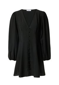 Schwarzes Kleid mit V-Ausschnitt, puffärmel und A-Linien-Silhouette. Verfügt über eine vordere Knopfleiste und einen glatten, weichen Stoff.