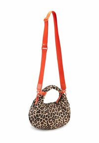Leopardenmuster Tasche mit gepolsterter Textur, orangefarbenem verstellbarem Tragegurt und doppelten Griffen. Reißverschlussverschluss, kompakte runde Form.