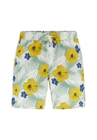 Pantaloni de înot cu o bază verde deschis, decorati cu mari flori de hibiscus galbene și accente albastre. Talie elastică cu șnur.