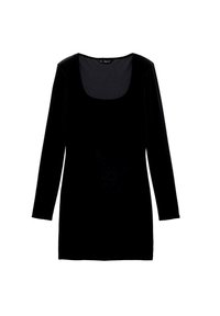 Rochie lungă din catifea neagră, cu decolteu rotund, siluetă ajustată și textură netedă. Nu prezintă modele suplimentare sau accesorii.