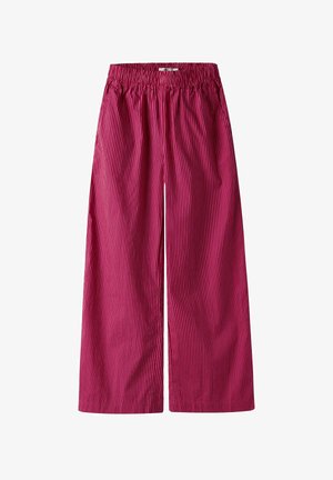 Wijd uitgevoerde broek in een felle roze kleur met dunne witte verticale strepen, met een elastische tailleband voor comfort en gemakkelijke pasvorm.