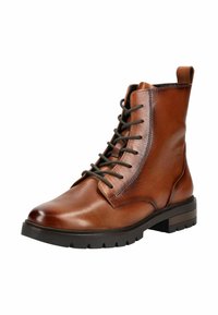 Bota de tobillo de cuero marrón con textura lisa, puntera redonda, diseño de cordones con ocho ojales y suela de goma negra ligeramente elevada.