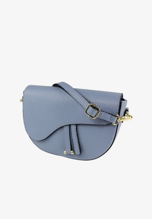 Light blue leather saddle bag with a curved flap, dual front straps, and a gold-tone hardware buckle. Adjustable shoulder strap included.