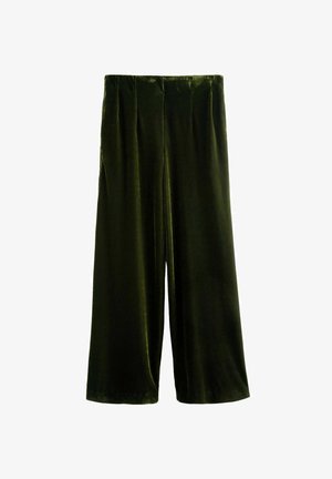 Green velvet wide-leg trousers with a high waist and soft texture. Features front pleats and an ankle-length cut.