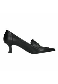 Black leather pump with a pointed toe and a low, square heel. Features a decorative strap across the vamp and smooth texture.