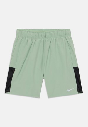 Calções atléticos verde claro, com cintura elástica, bolsos laterais e detalhes em malha preta. Apresenta um logotipo da Nike branco na parte inferior da frente.