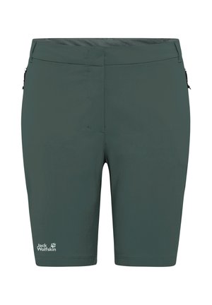Donkergroene outdoor kortebroek tot op de knie met ritszakken aan de zijkanten en het Jack Wolfskin-logo op het linkerbeen.