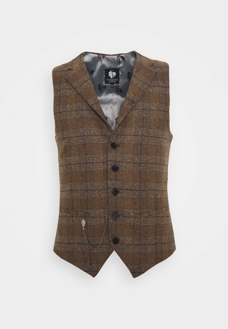 Braun kariertes Weste aus strukturiertem Stoff, mit einem Reverskragen, sechs Knöpfen und einem Detail für eine Taschenuhrkette. Mit gemustertem Futter.