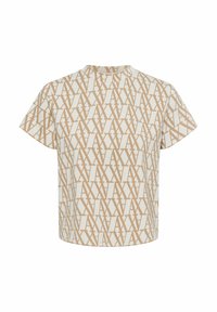 Korte mouwen, crème t-shirt met een herhaald patroon van lichtbruin tekst met de letters "LV" in verschillende oriëntaties.