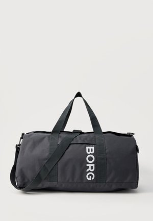 Borsa da viaggio rettangolare nera con doppi manici, tracolla staccabile e logo bianco "BORG" sul lato.