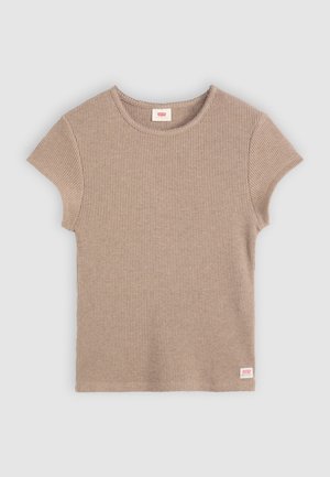 Maglietta beige a coste con maniche corte e collo rotondo. Presenta una piccola etichetta con logo sull'orlo. Realizzata in un morbido tessuto testurizzato.