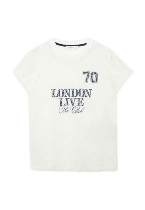Biały t-shirt z krótkim rękawem i okrągłym dekoltem, z przodu zniszczony granatowy napis "70 LONDON LIVE The Club".