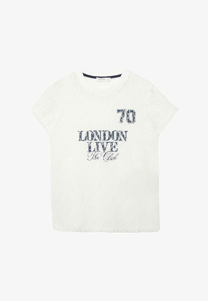 T-shirt blanc à manches courtes avec col rond, présentant un texte bleu marine usé "70 LONDON LIVE The Club" sur le devant.