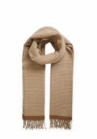 Écharpe à carreaux marron et crème avec des bords effilochés, fabriquée dans un matériau doux, présentant un motif texturé sur toute sa longueur.