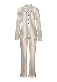 Vaatehittihoito with stripes in beige, blue and brown. Long-sleeve top with a notched collar and button closure. Pants with flared legs and cuffs.