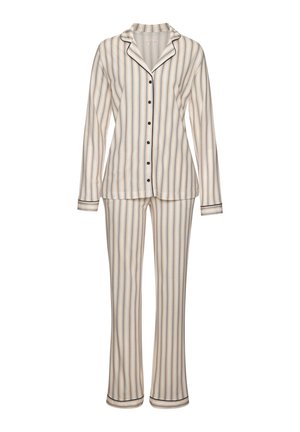 Gestreiftes Schlafanzugset in Creme, Blau und Braun. Langärmliges Oberteil mit aufgeschlagenem Kragen und Knopfverschluss. Hose mit weit schwingenden Beinen und Bündchen.