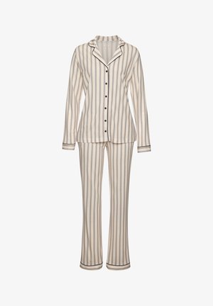 Triibuline pidžaama komplekt kreemja, sinise ja pruuni värviga. Pikad varrukad, kraega ja nööpide kinnitusega särk. Püksid flared jalgade ja mansettidega.