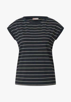 Marineblaues Kurzarmoberteil mit horizontalen weißen Streifen, einem runden Halsausschnitt und einer lockeren Passform. Aus weichem, leichtem Stoff gefertigt.