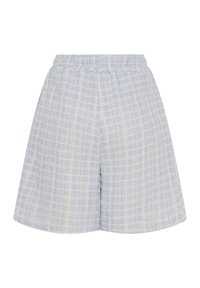 Lysblå ternede shorts med elastisk talje, lavet af blødt stof, der har en løs pasform og plaidmønster over det hele.