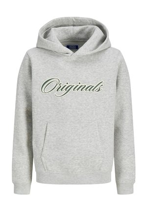 Jasnoszara bluza z kapturem, kieszenią z przodu i napisem „Originals” dużą czcionką na piersi w ciemnozielonym i białym kolorze.