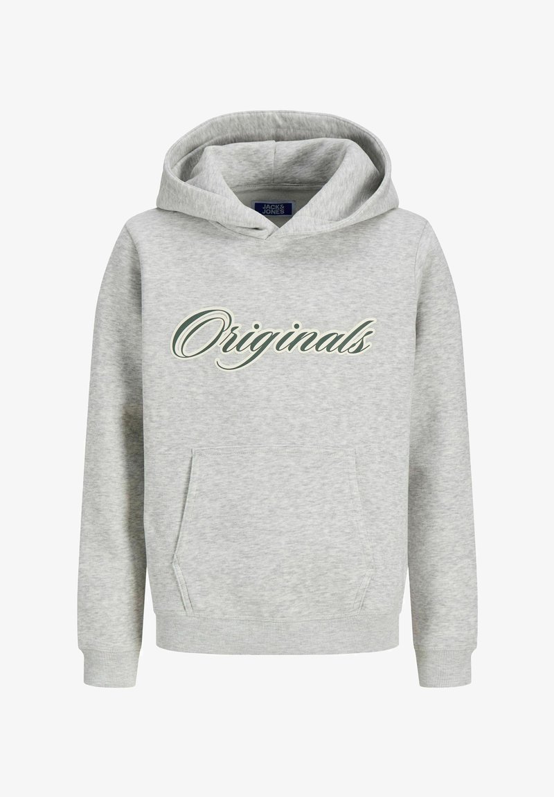 Sweat à capuche gris clair avec poche avant et « Originals » écrit en grandes lettres sur la poitrine en vert foncé et blanc.