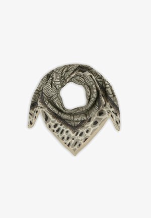 A square patterned scarf with geometric designs in dark green and tribal-like spots in beige and brown, displayed in a folded arrangement.