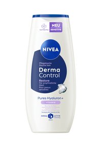 NIVEA Derma Control body wash in a white plastic bottle with a blue cap, features purple accents and labels, 250 ml size.
