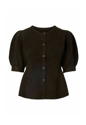 Cardigan en maille côtelée marron foncé avec manches courtes bouffantes, col rond et fermeture à boutons sur le devant. Présente un corsage cintré et un ourlet évasé.