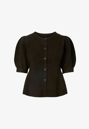 Mørkebrun ribbestrikket cardigan med korte puffermede ermer, rund hals og knappelukking foran. Har en tettsittende overdel og utsvingt nederkant.