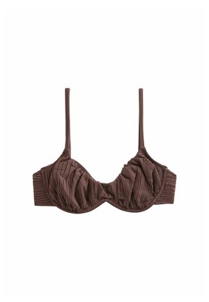 Brauner, gerippter Bügel-BH mit dünnen verstellbaren Trägern und gerafften Stoffdetails an den Körbchen.