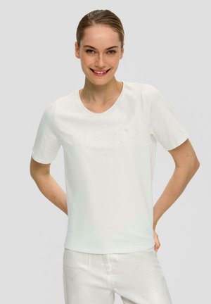 White short-sleeve t-shirt made from soft fabric with a crew neck, featuring subtle embossed text design on the front.