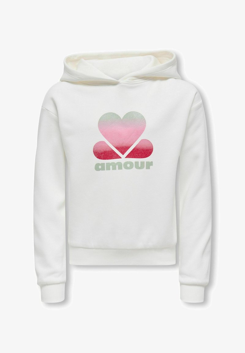 Haut à capuche blanc avec une poche kangourou. Présente un graphique de cœur dégradé en rose et rouge, avec le mot "amour" en vert clair en dessous. Texture douce.