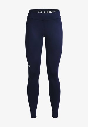 Tumesinised sinised spord leggingud, mis on valmistatud venivast kangast; kõrge vöökoht, keha lähedal istuv disain, väikese logo trükiga säärel.