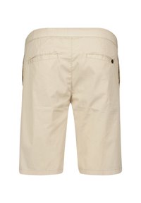 Beige shorts van lichtgewicht stof, met een elastische tailleband, twee achterzakken en een rechte pasvorm.