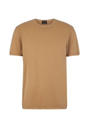 Braunfarbiges Kurzarm-T-Shirt aus weicher Baumwolle, mit rundem Halsausschnitt und einer glatten, einfarbigen Textur ohne Muster oder Akzente.