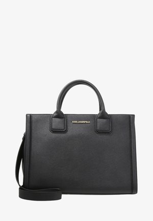 Zwarte rechthoekige leren handtas met dubbele bovenhandvatten, afneembare schouderriem en gouden "KARL LAGERFELD" logo aan de voorkant.