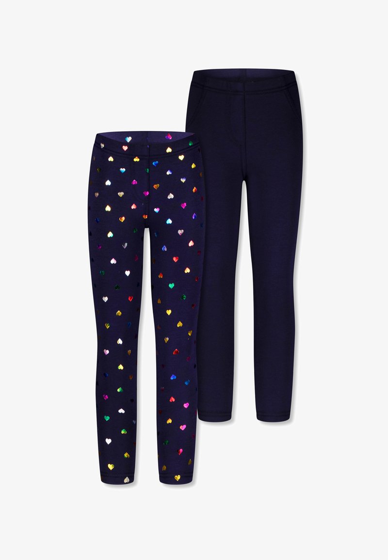 Marineblauwe leggings met een zachte textuur, voorzien van een patroon van kleurrijke sequins harten aan één kant en een effen achterkant. Elastische tailleband voor een goede pasvorm.