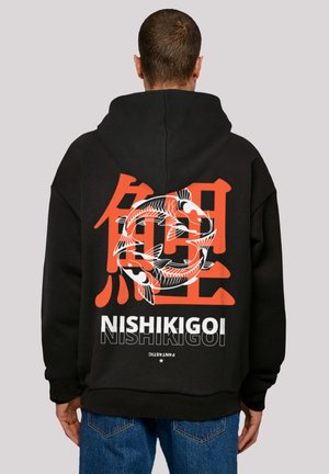 Black hooded sweatshirt featuring a graphic of koi fish in white and orange, with Japanese characters and "NISHIKIGOI" text. Soft fabric, loose fit.
