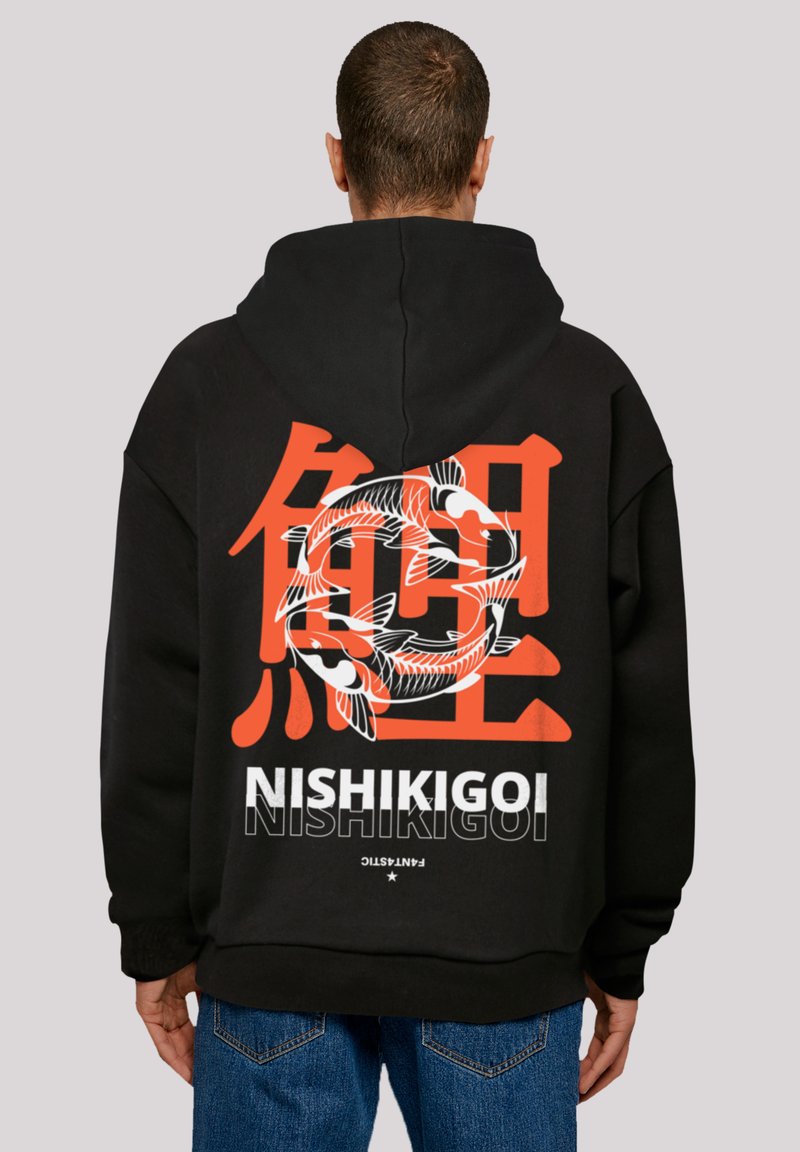 Black hooded sweatshirt featuring a graphic of koi fish in white and orange, with Japanese characters and "NISHIKIGOI" text. Soft fabric, loose fit.