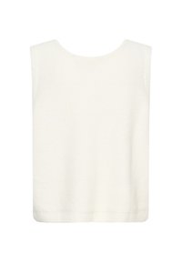 Biały bezrękawnik wykonany z miękkiego materiału, z zaokrąglonym dekoltem i prążkowanym wykończeniem. Gładka faktura i luźny krój.