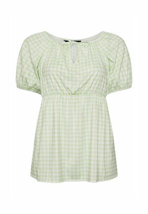 Light green gingham blouse with short puff sleeves, a scoop neck, and a tie detail at the front. Gathered waist creates a relaxed fit.