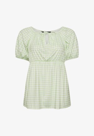 Lichtgroene gingham blouse met korte pofmouwen, een ronde hals en een strikdetail aan de voorkant. De geplooide taille zorgt voor een ontspannen pasvorm.