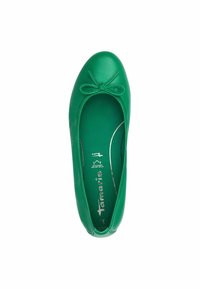 Ballerine in pelle verde con punta rotonda e dettaglio a fiocco davanti; texture liscia e soletta imbottita, logo stampato all'interno.
