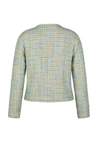 Strukturiere, taillierte Jacke in einem gewebten Muster aus hellblauen, grünen und gelben Farbtönen mit langen Ärmeln und einem runden Ausschnitt.