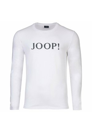 Witte blouse met lange mouwen en een ronde halslijn, met de tekst "JOOP!" in donkergrijs op de voorkant. Glad katoen materiaal.