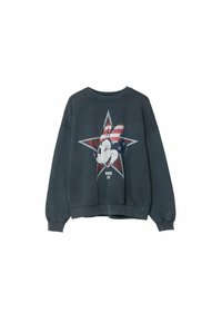 Donkergrijze sweatshirt met een ronde hals en een ruime pasvorm, voorzien van een versleten afbeelding van het gezicht van een personage binnen een rode ster.